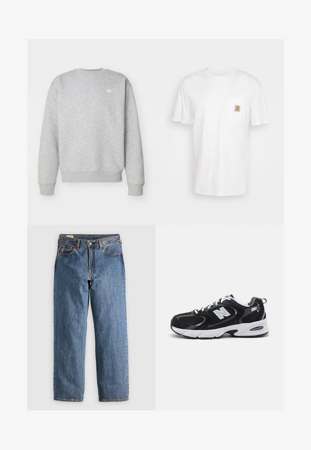 Hallide halliga fliiskangast hall crewneck-sviiter, millel on ribatud varrukasuud ja allääred, ning väikene valge logo rinnal.; Valge puuvillane t-särk lühikeste varrukatega, rindade taskuga ja taskul väike ruudukujuline logo kleebis oranžis ja valges.; Sinine denimist sirgedega teksad, millel on kõrge vöökoht, vaskne kinnitus ja oranž õmblus. Esiküljel ja taga on taskud.; Must värvi ja hallid spordijalatsid, mille ülemine osa on valmistatud võrgust ja nahast, valge vaheosaga, paeltega ja küljel julge "N" logo.