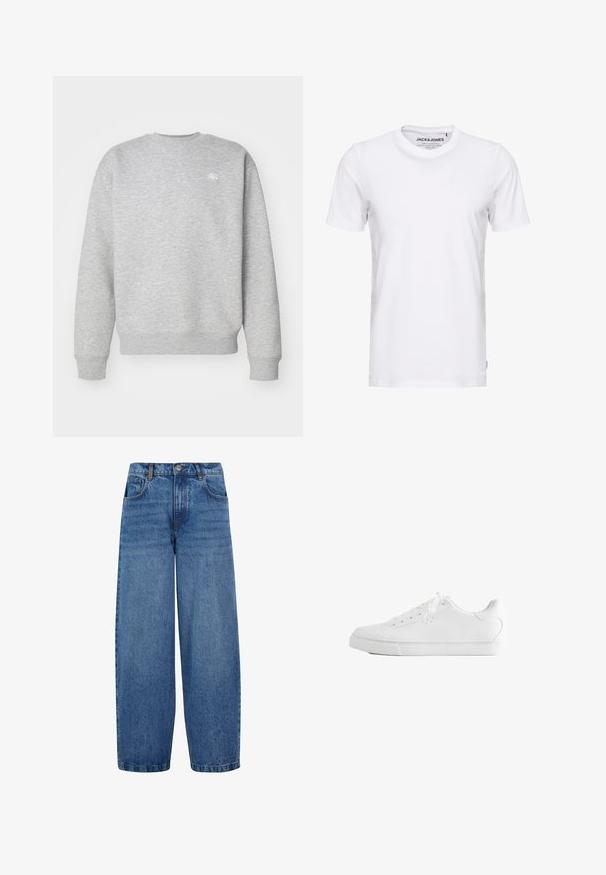 Grå crewneck sweatshirt lavet af fleece-materiale, med ribbede manchetter og kant, samt et lille hvidt logo på brystet.; Hvid t-shirt med korte ærmer lavet af bomuld, med en rund hals og et enkelt design. Brandtag synlig på halsområdet. Ingen mønstre eller accenter.; Vida jeans i medium blå denim. Har en høj talje, klassisk fem-lomme design og subtil fading langs benene. Standard kant.; Hvid lavtop sneakers med snørebånd, glat læderoverdel og flad gummiå sole set fra siden på en hvid baggrund.