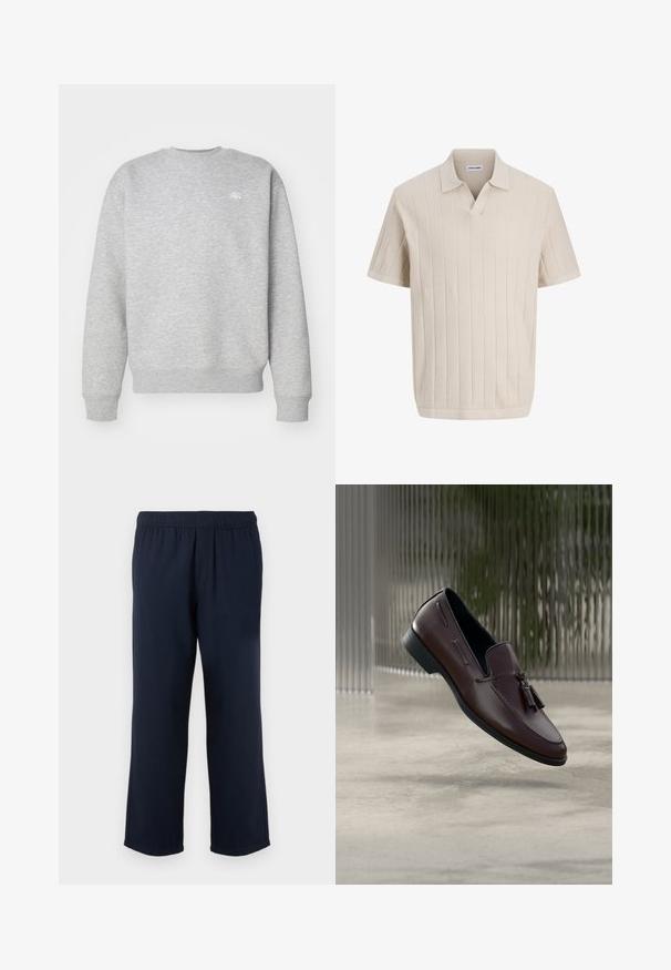 Grijze sweatshirt met ronde hals, gemaakt van fleece, voorzien van ribgebreide boorden en onderrand, met een klein wit logo op de borst.; Beige gebreid poloshirt met korte mouwen, een verticale geribbelde structuur en een open V-halskraag, met het label "JACK & JONES".; Donkerblauwe rechte broek met elastische tailleband en elastische voorkant, weergegeven op een effen witte achtergrond.; Bruine leren loafers met een gladde textuur, voorzien van decoratieve kwastjes en een verhoogde nadenlijn, geplaatst tegen een minimalistische achtergrond.