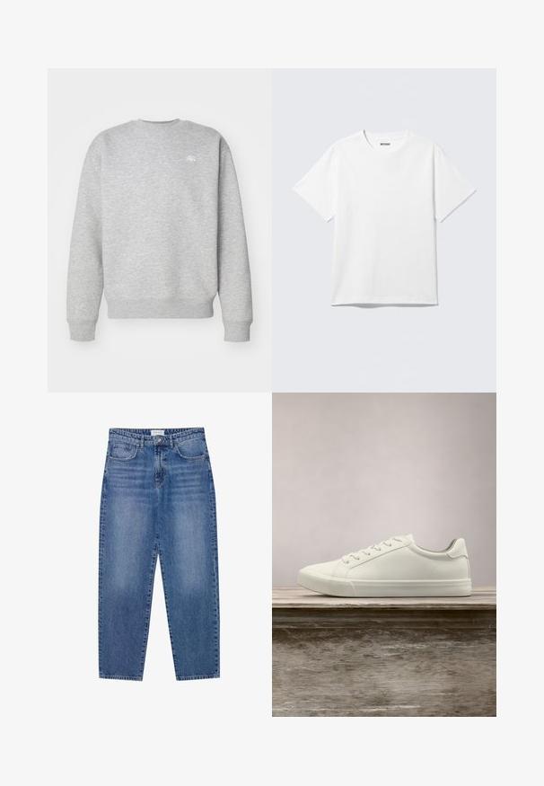 Sudadera gris de cuello redondo hecha de material de felpa, con puños y dobladillo acanalados, y un pequeño logotipo blanco en el pecho.; Camiseta blanca de manga corta con cuello redondo, colocada plana, diseño liso, con etiqueta "WEEKDAY" en el interior del cuello sobre un fondo claro.; Vaqueros de mezclilla azul con un diseño de cintura alta y pierna recta, en acabado desgastado. Presenta cinco bolsillos y un cierre de botón.; Zapatilla blanca con cordones flotando sobre un banco de madera con follaje verde al fondo, mostrando el diseño y la textura del zapato.