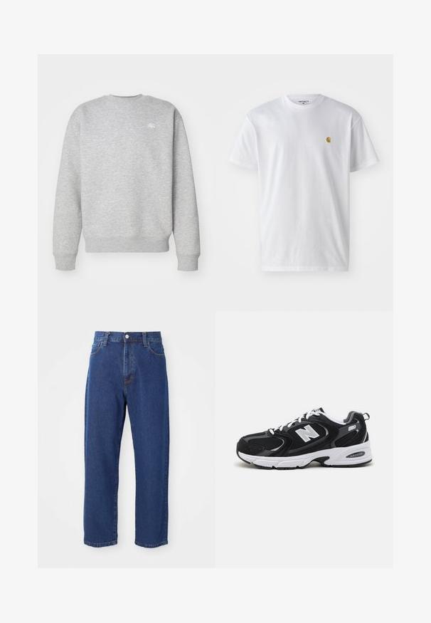 Hallide halliga fliiskangast hall crewneck-sviiter, millel on ribatud varrukasuud ja allääred, ning väikene valge logo rinnal.; Valge puuvillane t-särk lühikeste varrukatega, ümmargune kaelus, millel on väike kuldne logo vasakul rinnal. Pehme tekstuur ja regulaarne lõike.; Kõrge vöökohaga sinised teksad, mis on valmistatud denimist, sirgete jalgade siluetiga, nähtava õmblusega ja ees oleva nupuga kinnitusega.; Must värvi ja hallid spordijalatsid, mille ülemine osa on valmistatud võrgust ja nahast, valge vaheosaga, paeltega ja küljel julge "N" logo.