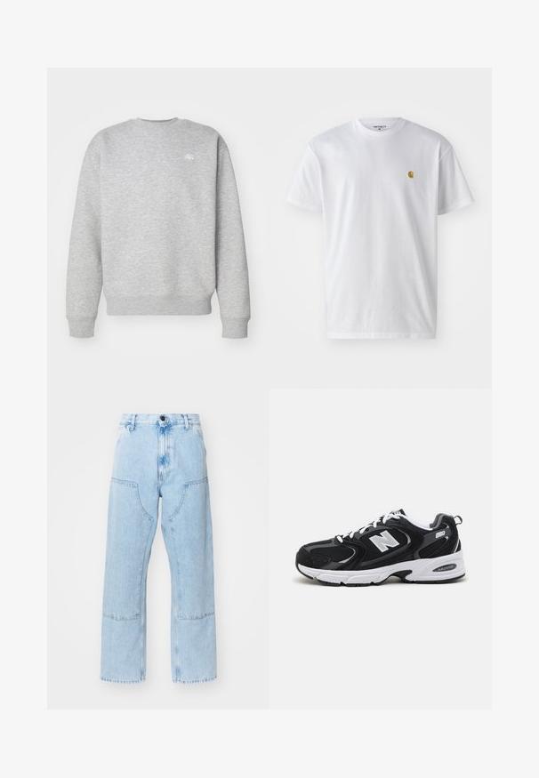 Grå crewneck sweatshirt lavet af fleece-materiale, med ribbede manchetter og kant, samt et lille hvidt logo på brystet.; Hvid bomulds t-shirt med korte ærmer, rund hals og et lille guld logo på venstre brystområde. Blød tekstur og almindelig pasform.; Lyseblå, lige ben denim jeans med store forlommer og kontraststing. Stoffet har en lysnet, blød tekstur.; Sorte og grå sportssko med mesh og ruskind på overdelen, der har en hvid mellemsål, snørebånd og et iøjnefaldende "N" logo på siden.