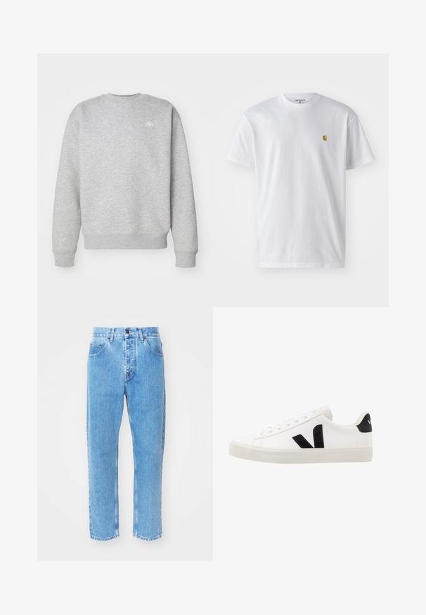 Sudadera gris de cuello redondo hecha de material de felpa, con puños y dobladillo acanalados, y un pequeño logotipo blanco en el pecho.; Camiseta de algodón blanca con mangas cortas, cuello redondo, que presenta un pequeño logo dorado en la parte izquierda del pecho. Textura suave y corte regular.; Los vaqueros de mezclilla azul claro presentan un diseño de pierna recta, cinco bolsillos y un clásico cierre de botón en la cintura.; Zapatilla de cuero blanca con acentos de ante negro; presenta una suela de goma, puntera redonda y un diseño clásico de cordones. Logo lateral en negro.