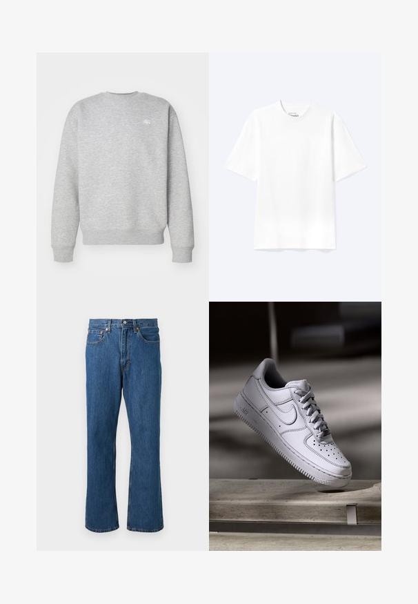 Hallide halliga fliiskangast hall crewneck-sviiter, millel on ribatud varrukasuud ja allääred, ning väikene valge logo rinnal.; Lihtne valge lühikeste varrukatega ümara kaelusega T-särk, mis on lõdva lõikega, kuvatud heledal taustal.; Sinised sirge säärega teksapüksid, ees nööbi ja tõmblukuga, viis taskut ning oranžid õmblused lihtsal taustal.; Valge nahast Nike Air Force 1 tennisejalanõu, millel on perforatsiooniga varvas, lamedad paelad ja tekstureeritud kummist tallaga, millel on küljele märgitud "AIR".