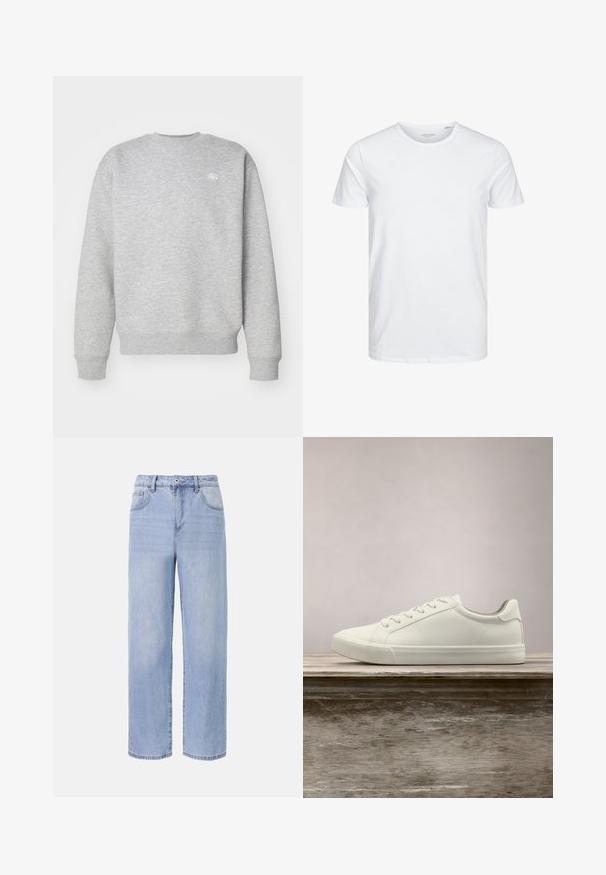 Hallide halliga fliiskangast hall crewneck-sviiter, millel on ribatud varrukasuud ja allääred, ning väikene valge logo rinnal.; Ümmarguse kaelusega lühikeste varrukatega T-särk, mis on puhtast valgest pehmest puuvillast, omab lihtsat disaini ilma nähtavate mustrite või aktsentideta.; Heledad sinine denimist teksad lõdva ja laia jala disainiga. Omadusteks on viis taskut, eesmine nupuleminekus ja peen tuhmumine.; Valged nööpidega ketsid, mis hõljuvad puidust pingil rohelise lehestiku taustal, näidates uue disaini ja tekstuuri.