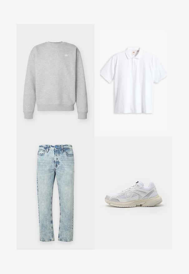 Sudadera gris de cuello redondo hecha de material de felpa, con puños y dobladillo acanalados, y un pequeño logotipo blanco en el pecho.; Camisa polo blanca, material de algodón, de mangas cortas, con tapeta de dos botones, logotipo de la marca bordado en el pecho, cuello clásico, color sólido.; Vaqueros de mezclilla azul claro con diseño de pierna recta, lavado desteñido, estilo estándar de cinco bolsillos y cierre de botones.; Zapatillas deportivas blancas con paneles de malla, suela de goma y detalles plateados. Cuentan con una puntera redondeada y un diseño con cordones para un ajuste seguro.
