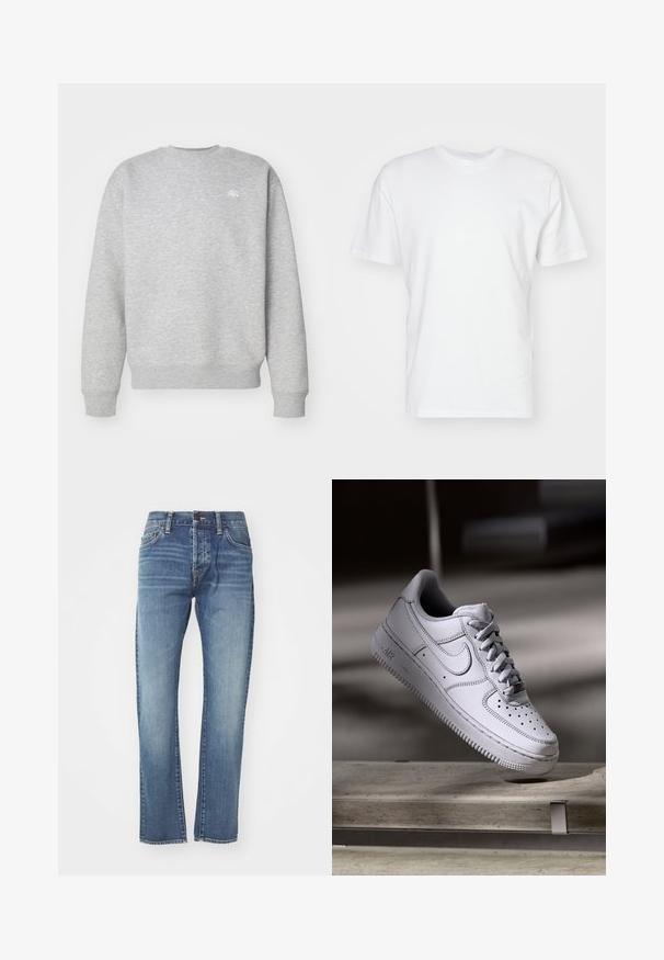 Sudadera gris de cuello redondo hecha de material de felpa, con puños y dobladillo acanalados, y un pequeño logotipo blanco en el pecho.; Camiseta de algodón blanca con manga corta, escote redondo y una textura suave. Diseño simple sin patrones ni gráficos.; Vaqueros de mezclilla azul con corte recto, que presentan un lavado medio, cinco bolsillos y un ligero desgastado. Incluyen una cintura clásica y trabillas para cinturón.; Zapatilla Nike Air Force 1 de cuero blanco que presenta una puntera perforada, cordones planos y una suela de goma texturizada con la marca "AIR" en el lateral.