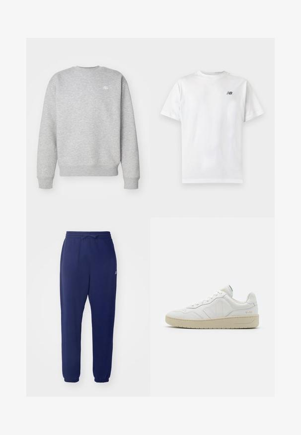 Sudadera gris de cuello redondo hecha de material de felpa, con puños y dobladillo acanalados, y un pequeño logotipo blanco en el pecho.; Camiseta blanca de manga corta con cuello redondo y un pequeño logo negro de New Balance en la parte superior izquierda del pecho sobre un fondo liso y claro.; Joggers de color azul marino, con cintura elástica y cordón, piernas ajustadas y puños acanalados. Fabricados con una tela suave y con un branding mínimo.; Zapatillas blancas de cuero con un acabado texturizado y cuello acolchado. Cuentan con una suela de goma beige y un sutil logotipo en el talón y el lado.