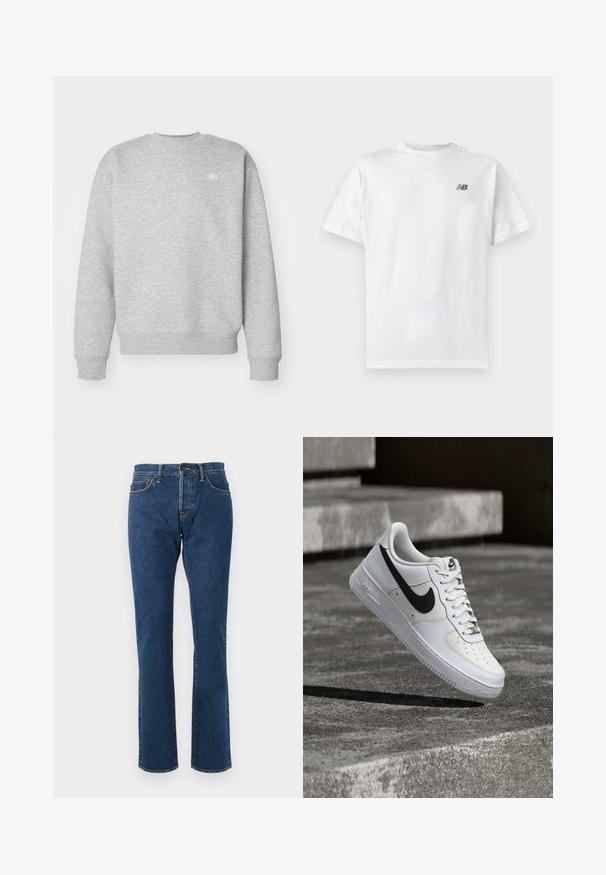 Sudadera gris de cuello redondo hecha de material de felpa, con puños y dobladillo acanalados, y un pequeño logotipo blanco en el pecho.; Camiseta blanca de manga corta con cuello redondo y un pequeño logo negro de New Balance en la parte superior izquierda del pecho sobre un fondo liso y claro.; Vaqueros de denim azul de pierna recta con cinco bolsillos, cierre de botones y costuras visibles sobre un fondo neutro.; Zapatilla blanca Nike Air Force 1 con el logo Swoosh negro, cordones atados, posicionada en el aire sobre una superficie de concreto texturizado al aire libre.