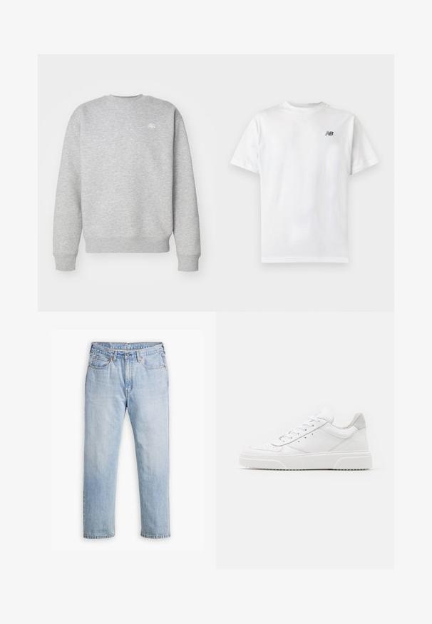 Hallide halliga fliiskangast hall crewneck-sviiter, millel on ribatud varrukasuud ja allääred, ning väikene valge logo rinnal.; Valge lühikeste varrukatega ümara kaelusega T-särk, mille vasaku rinna ülaosas on väike must New Balance'i logo, helel, ühevärvilisel taustal.; Heledad hall sinised teksad sirge sääre disainiga, viie taskuga stiil ja kontrastne õmblus. Kõhukohal nööp ja lukk.; Valged nahast spordijalatsid siledast nahast viimistlusega, ümarate varvastega, lamekestega ja tekstuuriga tallaga. Hall suede aktsent kanna juures.