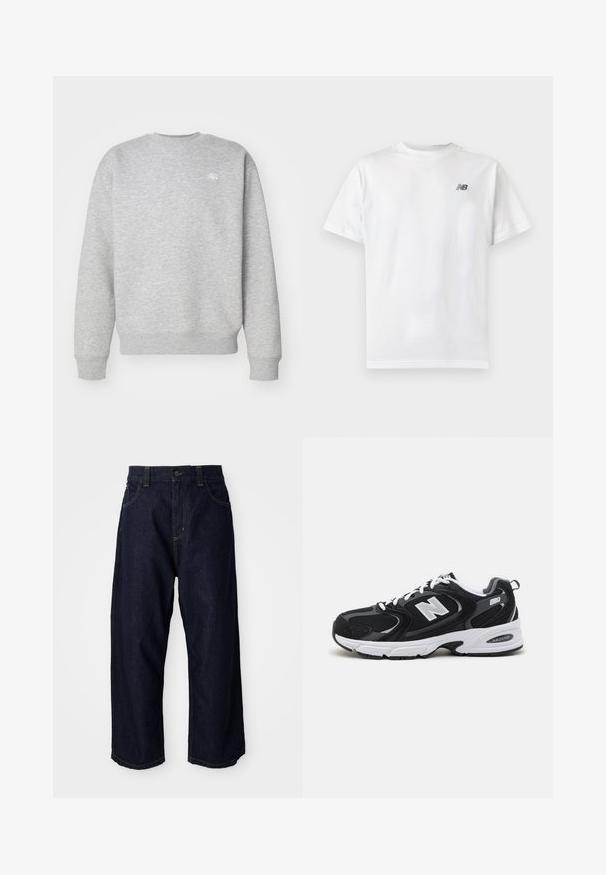 Grijze sweatshirt met ronde hals, gemaakt van fleece, voorzien van ribgebreide boorden en onderrand, met een klein wit logo op de borst.; Witte T-shirt met korte mouwen en ronde hals met een klein zwart New Balance-logo op de linker bovenkant van de borst op een effen lichte achtergrond.; Donkerblauwe denim broek met een comfortabele pasvorm, voorzien van een knoopsluiting, riemlussen en gele stiksels op de zakken en naden.; Zwarte en grijze sport schoenen met een bovenwerk van mesh en suede, voorzien van een witte tussenzool, veters en een gedurfde "N"-logo aan de zijkant.