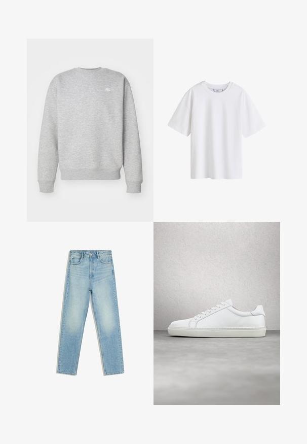 Grijze sweatshirt met ronde hals, gemaakt van fleece, voorzien van ribgebreide boorden en onderrand, met een klein wit logo op de borst.; Effen wit katoenen T-shirt met korte mouwen en een ronde hals, van voren getoond op een witte achtergrond.; Lichtblauwe, rechte high-waist spijkerbroek met voor- en achterzakken en knoopsluiting op een witte achtergrond.; Witte sneaker met een gladlederen bovenwerk en een laag profiel. Voorzien van een ronde neus, zes vetergaatjes en een gestructureerde rubberen zool.