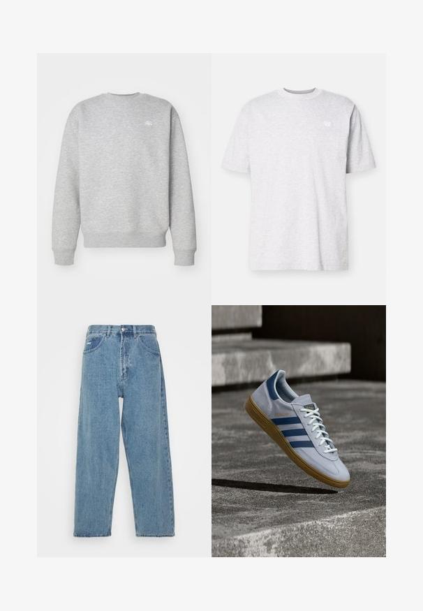 Grå crewneck sweatshirt lavet af fleece-materiale, med ribbede manchetter og kant, samt et lille hvidt logo på brystet.; Lys grå bomulds t-shirt med korte ærmer, rund halsudskæring og et lille hvidt logo på venstre bryst. Blød tekstur, afslappet pasform.; Lyseblå denim jeans med høj talje og afslappet pasform, der har to forlommer, en baglomme og knaplukning.; Lyseblå Adidas Spezial sneakers med marineblå striber og gummisål, vist i luften over betontrapper i et neutralt udendørsmiljø.