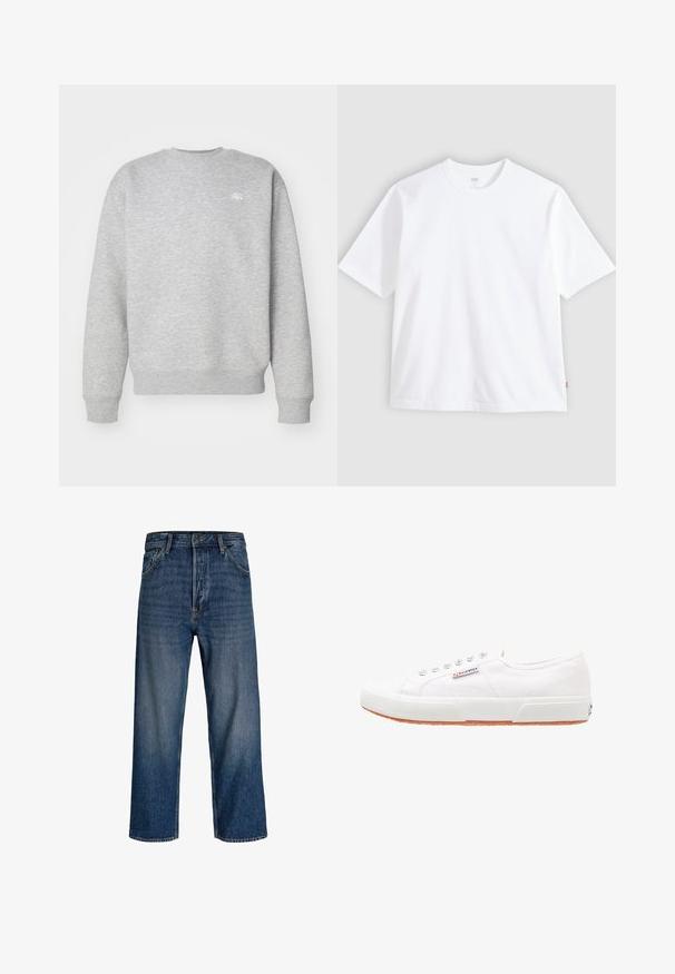 Hallide halliga fliiskangast hall crewneck-sviiter, millel on ribatud varrukasuud ja allääred, ning väikene valge logo rinnal.; Valkoinen lühikeste varrukatega T-särk, mis on valmistatud puuvillast, ümmarguse kaelusega ja sirge lõikega. Silt nähtav alumise külje ääres.; Tumedat teksased sirgete jalgadega, õrnate kulumismärkidega. Sisaldab viit taskut ja nööbifliis.; Valged kanvasist tossud, millel on kummist tald, nööpidega kinnitamine ja väike logo silt küljel. Tekstureeritud valge ülaserv ja pruun tall.