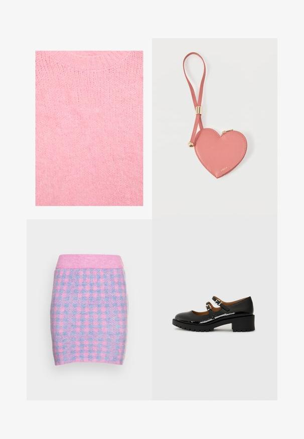 Tissu de pull en tricot rose doux avec une texture duveteuse et un col rond côtelé.; VILA VICHEKINA SHORT SKIRT - Minijupe - kentucky bluechecks; Chaussures Mary Jane en cuir verni noir avec deux brides réglables, bout rond et talon en caoutchouc épais présentant un motif de semelle texturé.; Pochette à pièces en cuir rose en forme de cœur avec sangle de poignet et fermeture éclair dorée, marquée d’un petit texte doré "Furla".