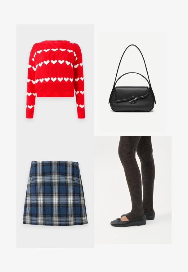 Pull court en tricot rouge avec des motifs de cœurs blancs. Doté d'un col rond et de poignets et d'un ourlet côtelés. Texture douce et coupe décontractée.; Jupe en tartan bleu présentant un motif à carreaux varié en bleu, noir et blanc. Fabriquée dans un tissu texturé avec une silhouette ajustée.; Jambes portant des leggings côtelés foncés associés à des ballerines noires avec de petits détails en nœud sur fond blanc.; Sac à main en cuir noir avec bords arrondis, rabat asymétrique, fermoir circulaire en métal, et des bandoulières courtes et longues.