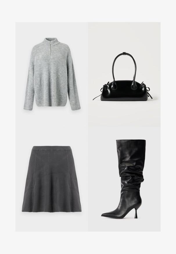 Pull en maille gris clair avec un col haut et une fermeture éclair mi-longue ; possède une coupe décontractée et une texture côtelée sur l'ensemble du tissu.; Jupe trapèze en maille grise avec texture côtelée, taille ajustée et ourlet évasé, offrant une silhouette fluide et un design décontracté.; Botte noire en cuir, hauteur genou, avec un design ample, bout pointu et talon aiguille fin, présentant une texture lisse et des accents minimaux.; Petit sac à main noir brillant avec deux longues anses et des détails à cordon sur les côtés sur un fond clair uni.