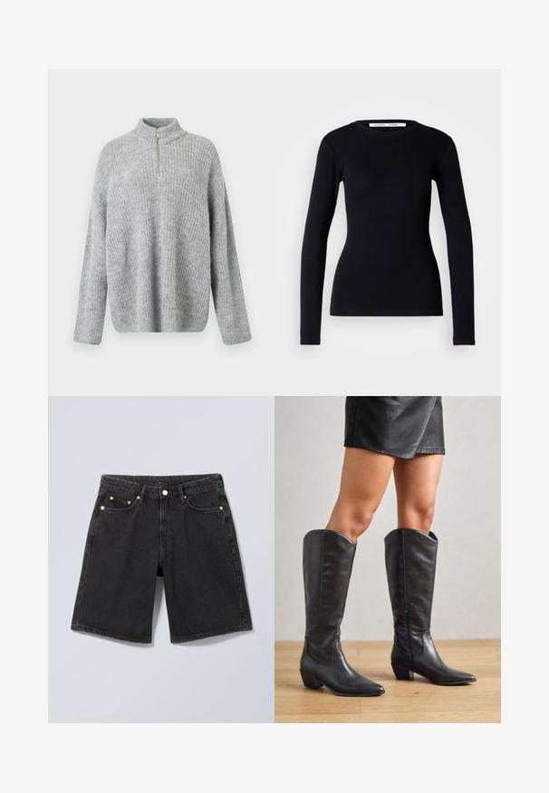Pull en maille gris clair avec un col haut et une fermeture éclair mi-longue ; possède une coupe décontractée et une texture côtelée sur l'ensemble du tissu.; Haut noir à manches longues en tissu côtelé. Doté d'un col rond et d'une coupe ajustée. Sans motifs ni ornements. Design simple.; Short en denim noir avec bouton à l'avant, passants pour ceinture et design à cinq poches, présenté sur un fond gris neutre.; Bottes noires montantes en cuir lisse, avec un bout pointu, un petit talon carré et une fermeture éclair sur le côté pour un enfilage facile.