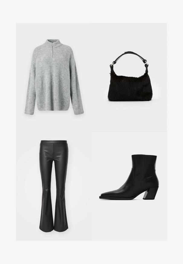 Pull en maille gris clair avec un col haut et une fermeture éclair mi-longue ; possède une coupe décontractée et une texture côtelée sur l'ensemble du tissu.; Pantalons évasés en simili cuir noir avec une texture lisse et une taille élastique ; ajustés au niveau des cuisses avant de s'évaser en bas.; Bottine en cuir noir avec un bout pointu, une silhouette élégante et un talon carré massif. Texture lisse avec des détails de couture minimalistes.; Sac à main en fausse fourrure noire avec une texture douce, une forme arrondie et une bandoulière en cuir noir robuste. Accent en métal argenté visible.