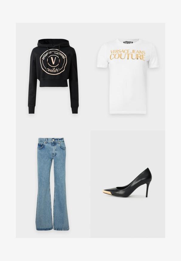 Hoodie noir court avec des manches longues, présentant un logo circulaire en rose gold et des cordons de serrage au niveau du col. Fabriqué en tissu doux.; T-shirt blanc à manches courtes avec le texte doré "VERSACE JEANS COUTURE" imprimé sur la poitrine.; Jean flare bleu clair en denim, doté d'une taille haute, de poches avant et d'ourlets effilochés pour une coupe décontractée.; Pompe à talon haut en cuir noir avec bout pointu ; présente une accentuation métallique dorée sur le capuchon. Surface lisse avec un design épuré.
