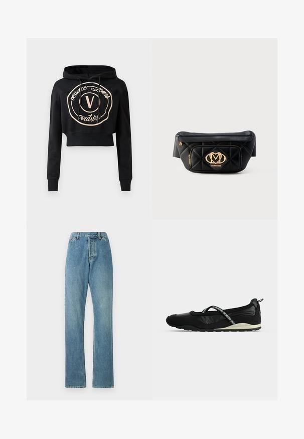 Sort cropped hoodie med lange ærmer, der har et cirkulært logo i rose guld og snore i halsen. Lavet af blødt stof.; Lyseblå denim jeans med lige ben-design, fem lomme-stil og en synlig talje. Teksturen er let slidt, men intakt.; Sort slip-on sko med lav sål, elastisk rem over toppen med tryk "Love Moschino," og trækstrop på hælen.; Sort quiltet læderbæltetaske med guld Love Moschino-logo og lynlåslomme foran på hvid baggrund.