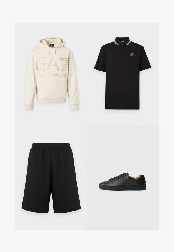 Φούτερ μπεζ χρώματος με χρυσλό λογότυπο EA7 Emporio Armani, μπροστινή τσέπη και κορδόνι στην κουκούλα.; Μαύρο πόλο μπλουζάκι από βαμβάκι με κοντή λαιμόκοψη με φερμουάρ. Διαθέτει χρυσό λογότυπο και αντίθετες χρυσές ρίγες στη λαιμόκοψη.; Μαύρο σορτς με ελαστική μέση, κατασκευασμένο από μαλακό ύφασμα, με ευθείς γραμμές στα πόδια και χωρίς έντονα σχέδια ή διακοσμήσεις.; Μαύρο χαμηλό δερμάτινο αθλητικό παπούτσι με υφή, μαύρες κορδόνες και χοντρή καουτσούκ σόλα, εμφανίζεται από το πλάι σε φωτεινό φόντο.
