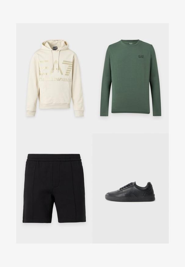 Φούτερ μπεζ χρώματος με χρυσλό λογότυπο EA7 Emporio Armani, μπροστινή τσέπη και κορδόνι στην κουκούλα.; Μπλούζα με μακριά μανίκια, σε ελιά πράσινο, με στρογγυλή λαιμόκοψη και μικρό μαύρο λογότυπο EA7 Emporio Armani στο αριστερό στήθος.; Μαύρο σορτς μήκους μέχρι το γόνατο με ελαστική μέση και κάθετες ραμμένες λεπτομέρειες στο μπροστινό μέρος.; Μαύρο δερμάτινο αθλητικό παπούτσι με λεία επιφάνεια, στρογγυλή μύτη, υφασμάτινη πλευρική επένδυση και μαύρες κορδόνες. Διαθέτει επίπεδη ελαστική σόλα και μίνιμαλ σχέδιο.
