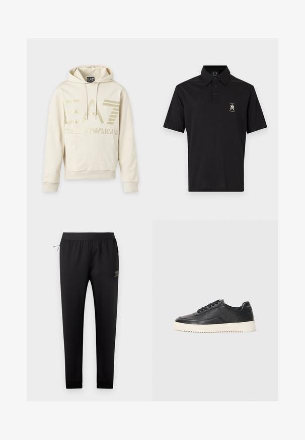 Φούτερ μπεζ χρώματος με χρυσλό λογότυπο EA7 Emporio Armani, μπροστινή τσέπη και κορδόνι στην κουκούλα.; Μαύρο κοντομάνικο πόλο με τρία κουμπιά και μικρό λευκό λογότυπο Armani Exchange στο αριστερό στήθος.; Μαύρο φαρδύ παντελόνι φόρμας με ελαστική μέση, πλαϊνή τσέπη με φερμουάρ και μικρό ορθογώνιο λογότυπο στο δεξί μηρό.; Μαύρο δερμάτινο sneaker με υφή, στρογγυλή μύτη και επίπεδη λευκή καουτσούκ σόλα. Διαθέτει μαύρες δέσιμο και λογότυπο στη φτέρνα.
