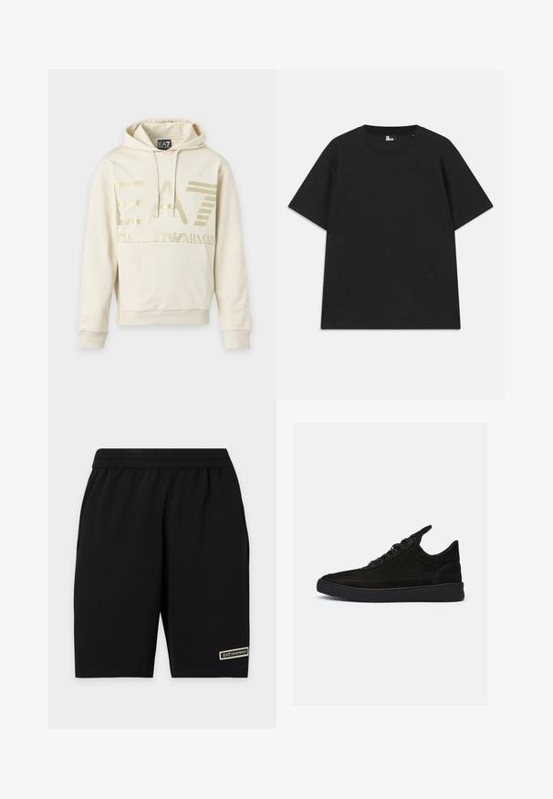 Φούτερ μπεζ χρώματος με χρυσλό λογότυπο EA7 Emporio Armani, μπροστινή τσέπη και κορδόνι στην κουκούλα.; Μαύρο κοντομάνικο μπλουζάκι από βαμβάκι, με στρογγυλή λαιμόκοψη και μια μικρή λεπτομέρεια λογότυπου κοντά στο στρίφωμα. Λείος υφασμάτινος χαρακτήρας, κανονική εφαρμογή.; Μαύρο casual σορτς με ελαστική μέση και μικρό ορθογώνιο λογότυπο EA7 Emporio Armani κοντά στο κάτω τελείωμα στο αριστερό πόδι.; Μαύρες σουέτ αθλητικές παπούτσια με χαμηλό προφίλ, στρογγυλή μύτη και υφασμάτινη σόλα από καουτσούκ. Διαθέτουν πέντε οπές για κορδόνια και θηλιά στη φτέρνα.
