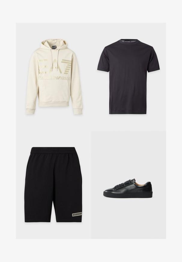 Φούτερ μπεζ χρώματος με χρυσλό λογότυπο EA7 Emporio Armani, μπροστινή τσέπη και κορδόνι στην κουκούλα.; Απλό μαύρο κοντομάνικο μπλουζάκι με στρογγυλή λαιμόκοψη, με μικρό λογότυπο σε τονικό χρώμα στο αριστερό στήθος και ετικέτα με επώνυμη υπογραφή στον λαιμό.; Μαύρο casual σορτς με ελαστική μέση και μικρό ορθογώνιο λογότυπο EA7 Emporio Armani κοντά στο κάτω τελείωμα στο αριστερό πόδι.; Μαύρο δερμάτινο αθλητικό παπούτσι με λεία υφή, στρογγυλή μύτη και κορδόνια. Διαθέτει παχιά καουτσούκ σόλα και ελάχιστες λεπτομέρειες branding.