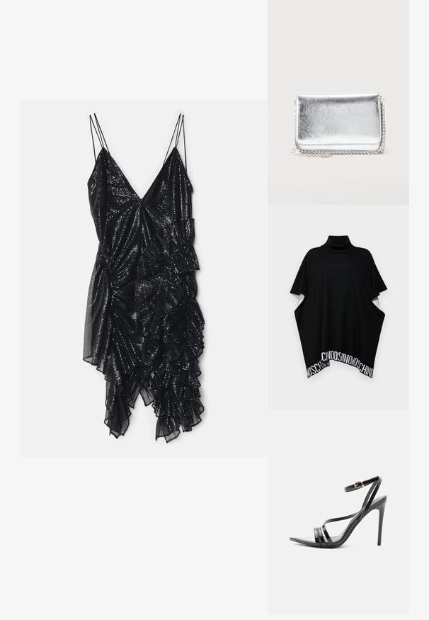 MOSCHINO PONCHO - Cape - black; Schwarz glitzerndes Kleid mit dünnen Trägern, das eine V-Ausschnitt und einen asymmetrischen, voluminösen Saum aufweist, der ein strukturiertes Design zeigt.; Schwarze Sandale mit hohem Absatz und dünnen Riemen über den Zehen und am Knöchel, mit einer goldenen Schnalle an einem schlanken Stiletto-Absatz.; Kleine rechteckige silberne Metalltasche mit Kettenriemen, die auf einer hellen Oberfläche liegt, geschlossene Klappe zeigt nach vorne.