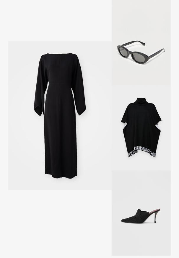 MOSCHINO PONCHO - Poncho - black; Zwarte lange mouw jurk met een rechte snit, voorzien van een bootneklijn en een zachte, gladde textuur. Geen zichtbare patronen of hardware details.; Zwarte mule met hoge hak, voorzien van een spits toelopende neus, zachte stof met geplooide textuur aan de voorkant en een slanke stilettohak.; Zwarte ovale zonnebril met dikke monturen en donker getinte glazen, liggend op een lichte ondergrond.