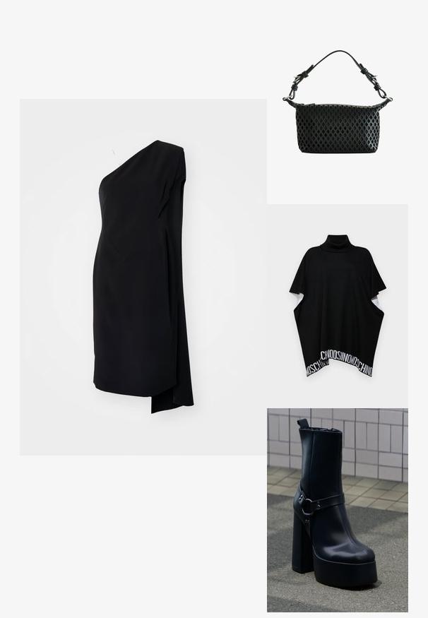 MOSCHINO PONCHO - Poncho - black; Zwarte asymmetrische jurk met één schouder, gemaakt van een gladde stof, met een gedrapeerd ontwerp en een zijsplit voor extra detail.; Zwarte leren enkellaars met plateauzool, stevige hoge hak en decoratieve band, geplaatst op grijze bestrating tegen een achtergrond van betegelde muur.; Zwarte handtas met diamantgeslepen patroon en verstelbare geknoopte band met zilverkleurige metalen hardware en ritssluiting aan de bovenkant.