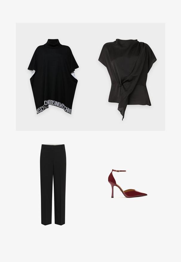 MOSCHINO PONCHO - Cape - black; Schwarze Bluse aus glattem Stoff, mit einem drapierten Design und einem geknoteten Detail in der Taille sowie kurzen Ärmeln.; Schwarze, maßgeschneiderte Hose mit geradem Bein, Bund und Gürtelschlaufen, dargestellt vor einem schlichten weißen Hintergrund.; Burgunderfarbene High Heels mit glänzender Oberfläche, spitz zulaufender Zehenpartie, einem Knöchelriemen mit goldener Schnalle und einem schlanken Stiletto-Absatz.