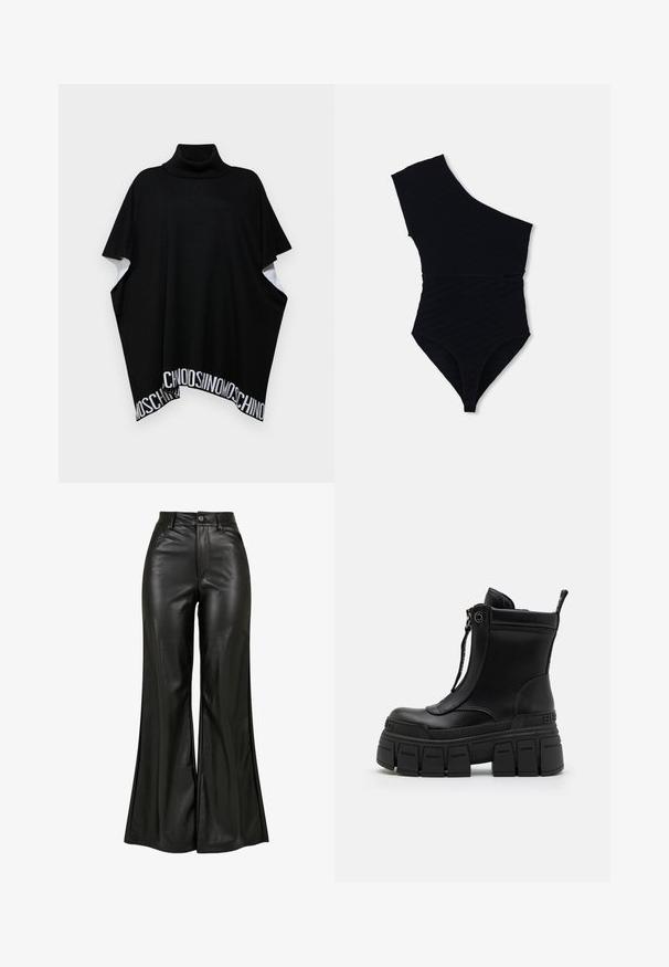 MOSCHINO PONCHO - Poncho - black; Zwarte zwemoverall met een schouderontwerp, textuur ribbelstof, hoge uitsnijdingen bij de benen en een aansluitende silhouet.; Zwarte leren flared broeken met een gladde textuur, voorzien van een hoge taille, knoopsluiting en voorzakken. Wijde pijpen en een gepolijste afwerking.; Buffalo GOSPHER ZIP BOOT - Enkellaarsjes met plateauzool - black
