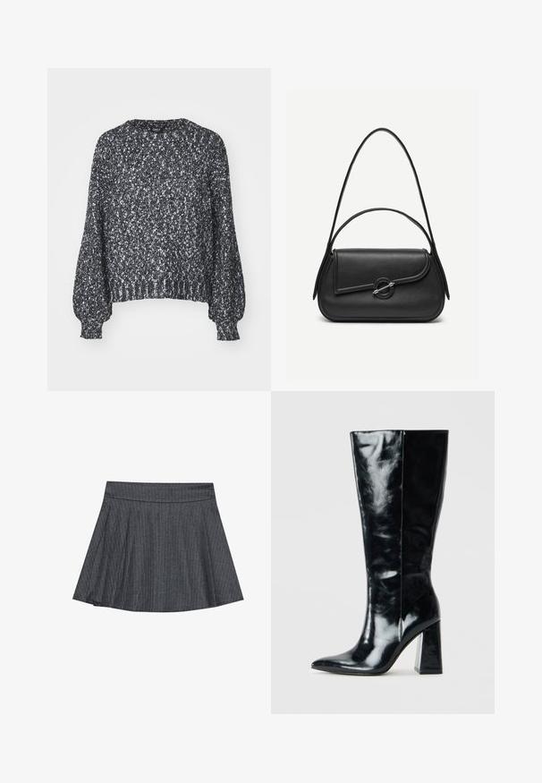 Pull en tricot noir et blanc texturé avec un col rond, des manches ballons longues et des bords côtelés au niveau des poignets et de l'ourlet. Coupe décontractée, matériau chaud.; Jupe patineuse grise à rayures générales avec une taille ajustée, en forme évasée A et texture de tissu douce. Les lignes verticales renforcent l'intérêt visuel.; Bottes noires montantes en cuir brillant, avec une pointe effilée et un talon géométrique épais au toucher lisse.; Sac à main en cuir noir avec bords arrondis, rabat asymétrique, fermoir circulaire en métal, et des bandoulières courtes et longues.