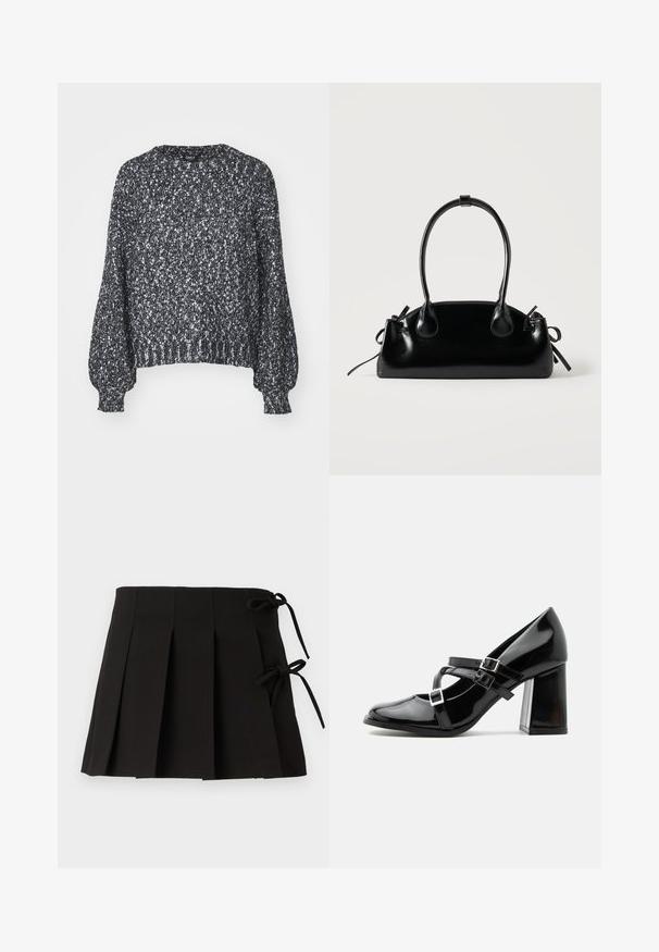 Pull en tricot noir et blanc texturé avec un col rond, des manches ballons longues et des bords côtelés au niveau des poignets et de l'ourlet. Coupe décontractée, matériau chaud.; Jupe plissée noire avec des liens sur les côtés, fabriquée dans un tissu à la texture lisse ; elle présente un design structuré et des lignes épurées.; Chaussure à talon haut style Mary Jane noire brillante avec trois brides à boucle et un talon bloc épais, vue de profil sur fond blanc.; Petit sac à main noir brillant avec deux longues anses et des détails à cordon sur les côtés sur un fond clair uni.