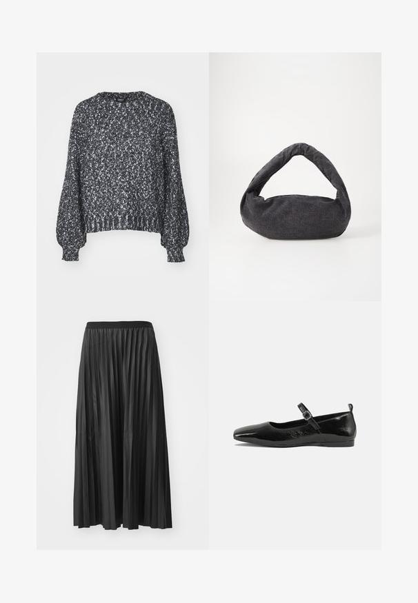 Pull en tricot noir et blanc texturé avec un col rond, des manches ballons longues et des bords côtelés au niveau des poignets et de l'ourlet. Coupe décontractée, matériau chaud.; Jupe maxi plissée noire avec une texture lisse et une taille élastique, dotée de plis verticaux qui créent du volume et du mouvement.; Chaussure plate en cuir verni noir avec un bout pointu, une sangle de cheville avec boucles, et une texture lisse et brillante. Talon bas pour le confort.; Sac en tissu gris foncé avec une anse courbée, texture douce et forme arrondie. Pas de matériel ou d'embellissements visibles.