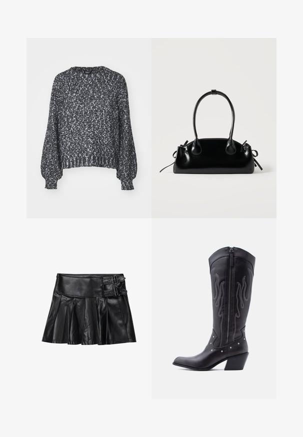 Pull en tricot noir et blanc texturé avec un col rond, des manches ballons longues et des bords côtelés au niveau des poignets et de l'ourlet. Coupe décontractée, matériau chaud.; Jupe en cuir noir avec des plis, taille large et deux accents à boucle sur le côté. Texture lisse avec une finition brillante.; Bottes de cow-boy en cuir noir avec bout pointu, coutures apparentes, ornements à clous argentés et fermeture éclair sur le côté intérieur.; Petit sac à main noir brillant avec deux longues anses et des détails à cordon sur les côtés sur un fond clair uni.