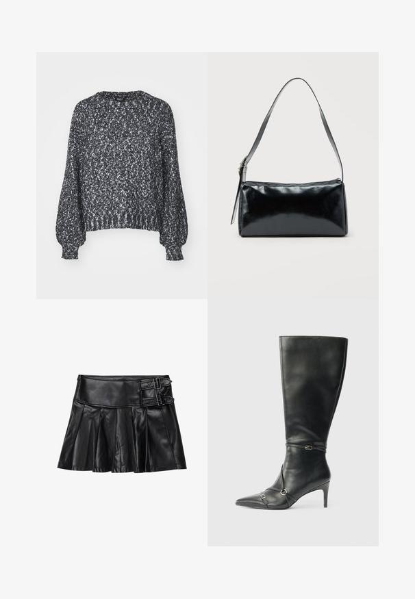 Pull en tricot noir et blanc texturé avec un col rond, des manches ballons longues et des bords côtelés au niveau des poignets et de l'ourlet. Coupe décontractée, matériau chaud.; Jupe en cuir noir avec des plis, taille large et deux accents à boucle sur le côté. Texture lisse avec une finition brillante.; Bottes noires en cuir montant jusqu'au genou, avec un talon fin, un bout pointu et des détails de lanière à la cheville. Texture lisse et design ajusté.; Sac d'épaule rectangulaire noir avec une sangle réglable unique et une fermeture éclair supérieure sur un fond uni.