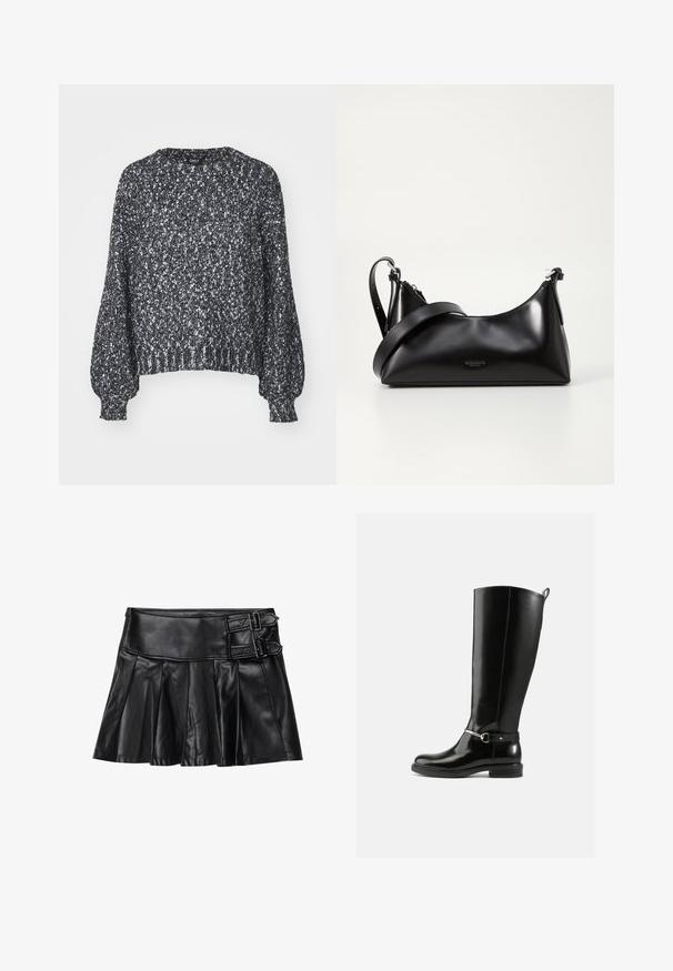 Pull en tricot noir et blanc texturé avec un col rond, des manches ballons longues et des bords côtelés au niveau des poignets et de l'ourlet. Coupe décontractée, matériau chaud.; Jupe en cuir noir avec des plis, taille large et deux accents à boucle sur le côté. Texture lisse avec une finition brillante.; Bottes noires montantes en cuir verni, avec un détail de boucle argentée à la cheville et une conception à bout arrondi. Semelle plate.; Sac à main en cuir noir avec une texture lisse. Dispose d'une bandoulière adjustable et d'un design élégant et minimaliste avec une fermeture éclair.