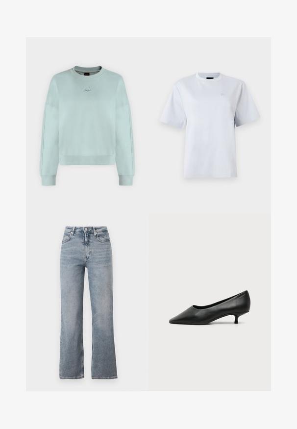 Sweat-shirt court bleu clair à manches longues, poignets et ourlet côtelés, avec petit logo "Boss" en cursive brodé sur la poitrine.; T-shirt blanc à manches courtes avec col rond et petit logo brodé sur la poitrine gauche.; Jean bleu clair taille haute à jambe droite avec bouton frontal, fermeture éclair et design classique à cinq poches.; Escarpin femme en cuir noir à petit talon, bout pointu et petit talon kitten sur fond clair uni.