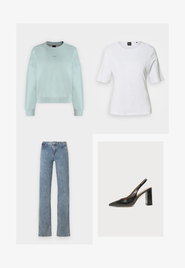 Sweat-shirt court bleu clair à manches longues, poignets et ourlet côtelés, avec petit logo "Boss" en cursive brodé sur la poitrine.; T-shirt blanc à manches courtes avec col rond, coupe ajustée et petite étiquette noire BOSS au niveau de l'encolure.; Jean bleu à jambe droite avec taille haute, fermeture à boutons sur le devant, et design à cinq poches, présenté sur un fond blanc.; Escarpin slingback en cuir noir pour femme avec bout pointu et talon bloc épais et haut sur fond blanc.