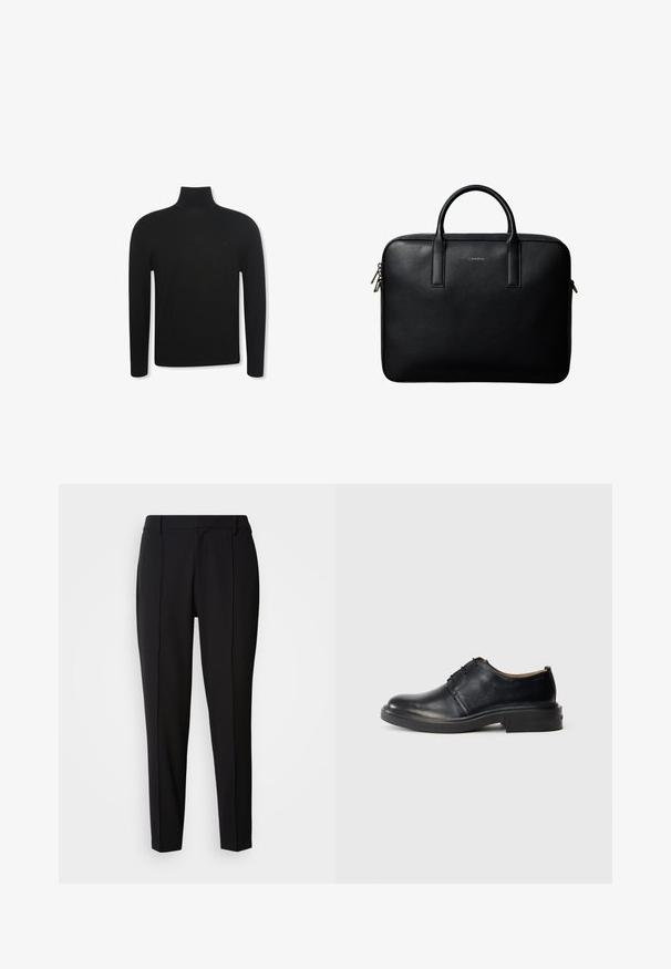 Čierny rolák s dlhými rukávmi so štíhlym strihom a jemným logom na ľavej strane hrudníka, zobrazený na bielom pozadí.; Calvin Klein PULL ON - Nohavice - black; Čierne kožené oxford topánky s okrúhlym špičkou, šnurovaním vpredu a nízkym vrstveným podpätkom na svetlom jednolatom pozadí.; Čierna textúrovaná kožená aktovka s dvojitými rúčkami a striebornými zipsami, centrovaná na bielom pozadí.