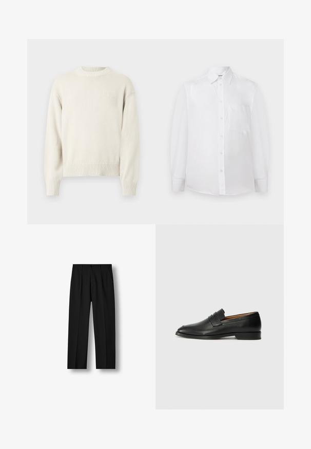 Pull en tricot de couleur crème avec un col rond, des poignets et un ourlet côtelés, arborant un logo en relief subtil sur la poitrine.; Chemise blanche à manches longues avec col et poche poitrine, présentée de face sur un fond blanc.; Pantalon noir droit avec plis devant, taille boutonnée et poches latérales sur un fond blanc uni.; Mocassin en cuir noir avec un bout arrondi, des coutures subtiles et un talon bas, présentant une texture lisse et un design minimaliste.