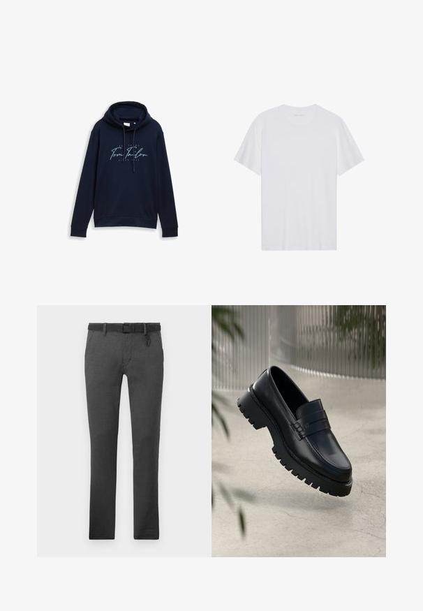 Navyblauer Kapuzenpullover mit Kordelzügen, versehen mit einem auffälligen weißen und hellblauen Logo-Text "Tom Tailor" und dem Jahr 1962. Weicher Stoff.; Weißes Baumwoll-T-Shirt mit kurzen Ärmeln, Rundhalsausschnitt und glatter Textur. Verfügt über eine minimale Markenkennzeichnung am Halsausschnitt.; Dunkelgraue Hose aus strukturiertem Stoff, mit einem schwarzen Gürtel, Gürtelschlaufen und zwei seitlichen Taschen. Gerades Bein Design, keine sichtbaren Muster.; Schwarze Lederloafer mit einer robusten profilierten Sohle, ausgestattet mit einem dekorativen Riemen und einer Stichdetail. Glatte Textur mit einem polierten Finish.