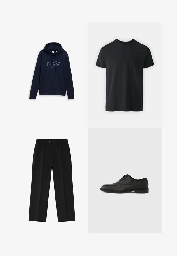 Mørkeblå hættetrøje med snoretræk, der har en markant hvid og lyseblå logotekst "Tom Tailor" med årstallet 1962. Blød tekstur.; Sort bomulds t-shirt med kortærmer, rund halsudskæring og en afslappet pasform. Glat tekstur og lige kant, ingen synlige grafikker eller mønstre.; Sorte kordfløjsbukser med lige pasform, med knappelukning, to frontfoldninger og sidelommer. Blød tekstur og glat finish.; Sort lædersko med snørebånd, glat finish, rundet tå og lav gummihæl. Har diskrete syningsdetaljer på overdelen.