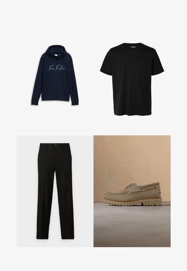 Donkerblauwe hoodie met trekkoorden, met een opvallende witte en lichtblauwe logo tekst "Tom Tailor" met het jaar 1962. Zachte textuur.; Effen zwarte korte mouwen t-shirt met ronde hals in mannenmodel, zonder zichtbare patronen of logo's aan de voorkant.; Zwarte broek van gladde stof, met een rechte snit, een knoopsluiting aan de taille en geen zichtbare patronen of accenten.; Beige suède casual veterschoen met dikke, geribbelde zool, zwevend boven een bijpassend beige getextureerd oppervlak en achtergrond.