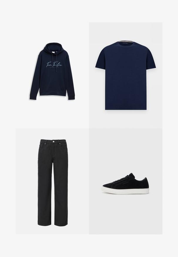 Donkerblauwe hoodie met trekkoorden, met een opvallende witte en lichtblauwe logo tekst "Tom Tailor" met het jaar 1962. Zachte textuur.; Marineblauw T-shirt met korte mouwen en ronde hals, met subtiel gestructureerde stof en klein geborduurd logo op de borst, plat neergelegd op een witte achtergrond.; Zwarte wijde broek van katoen met vier zakken, sluiting met een knoop aan de voorkant en een klassiek denim ontwerp. Soepele textuur, geen zichtbare patronen.; Zwarte suède sneakers met een laag ontwerp, ronde neus en witte rubberen zool. Voorzien van zwarte veters en minimale branding aan de zijkant.