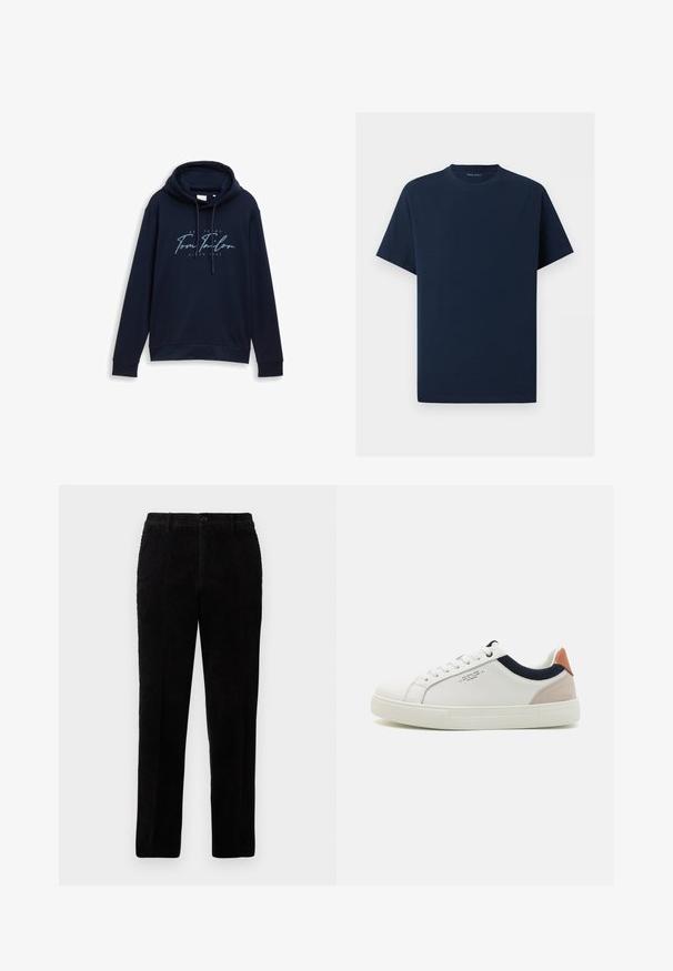 Navyblauer Kapuzenpullover mit Kordelzügen, versehen mit einem auffälligen weißen und hellblauen Logo-Text "Tom Tailor" und dem Jahr 1962. Weicher Stoff.; Schlichtes marineblaues T-Shirt mit kurzen Ärmeln und Rundhalsausschnitt auf weißem Hintergrund, Vorderansicht ohne sichtbare Logos oder Designs.; Schwarze Cordhosen mit geradem Schnitt, ausgestattet mit einem Knopfverschluss und strukturiertem, geripptem Stoff. Maßgeschneiderter Schnitt mit Seitentaschen.; Weiße Leder-Sneaker mit einem Low-Top-Design, marineblauem Stoffakzent am Kragen und einem hellrosa Wildleder-Hackenteil. Gummisohle.